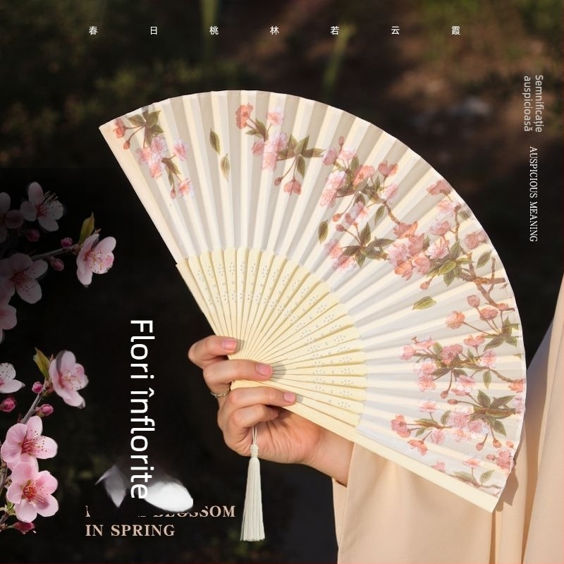 Evantai pliabil în stil chinezesc pentru vară, evantai pliabil pentru dans pentru copii, evantai portabil din bambus cu fotografie Hanfu Cheongsam în stil antic