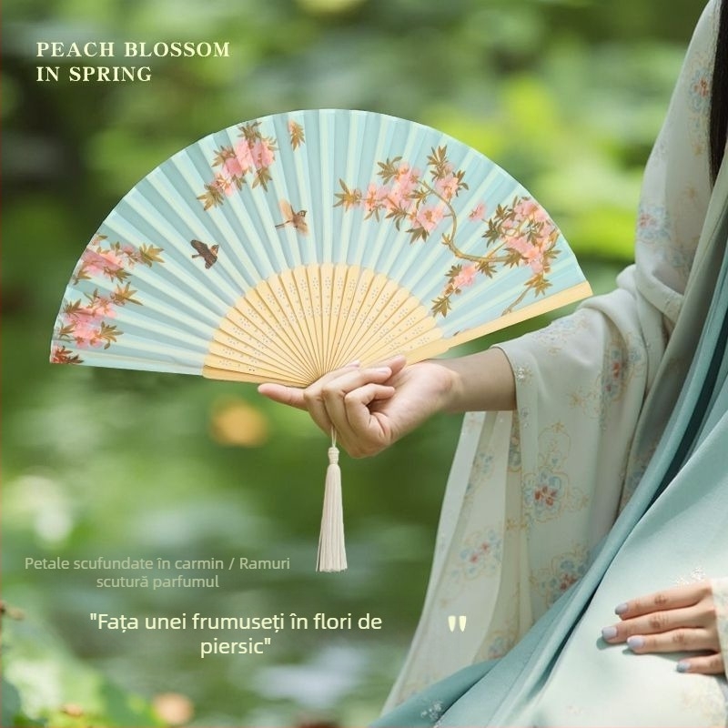 Evantai pliabil în stil chinezesc pentru vară, evantai pliabil pentru dans pentru copii, evantai portabil din bambus cu fotografie Hanfu Cheongsam în stil antic