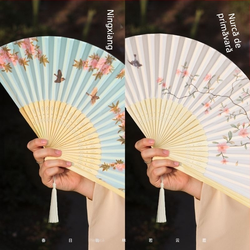 Evantai pliabil în stil chinezesc pentru vară, evantai pliabil pentru dans pentru copii, evantai portabil din bambus cu fotografie Hanfu Cheongsam în stil antic