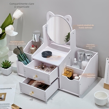 Cutie de depozitare cosmetică, rezistentă la praf, cu sertar de birou de mare capacitate, tip cutie de machiaj, pentru îngrijirea pielii, raft de depozitare pentru produse cu oglindă