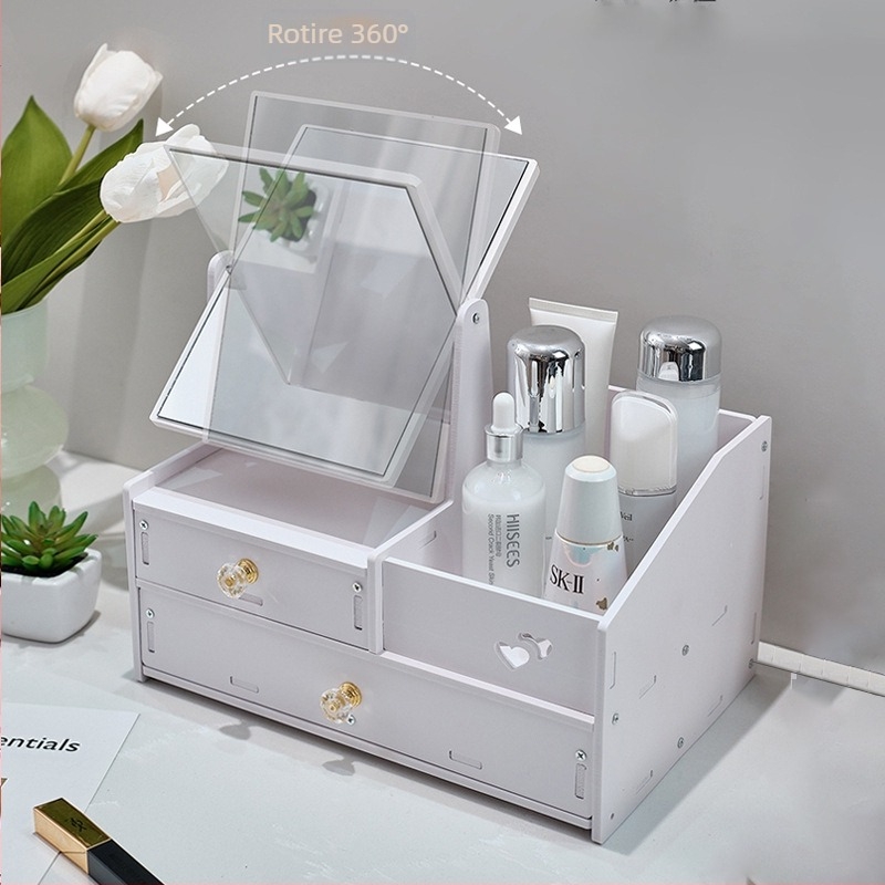 Cutie de depozitare cosmetică, rezistentă la praf, cu sertar de birou de mare capacitate, tip cutie de machiaj, pentru îngrijirea pielii, raft de depozitare pentru produse cu oglindă