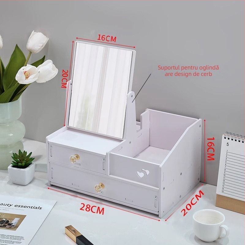 Cutie de depozitare cosmetică, rezistentă la praf, cu sertar de birou de mare capacitate, tip cutie de machiaj, pentru îngrijirea pielii, raft de depozitare pentru produse cu oglindă