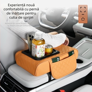 Cutie de depozitare auto din piele Nappa Cross-Border 2025 cu suport dublu pentru pahare, cotieră auto, pernă de înălțare, design antiderapant