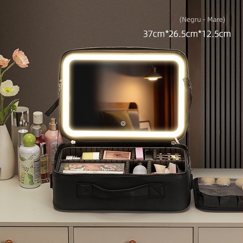 Geantă cosmetică cu oglindă și lumină, capacitate mare, produse de îngrijire a pielii, cutie de depozitare cosmetică, geantă portabilă de depozitare cosmetică