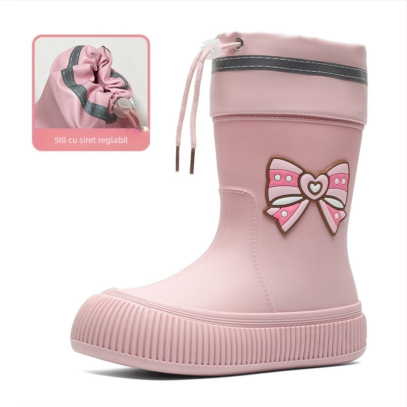 Cizme de ploaie cu fundă drăguță transfrontalieră pentru femei, îmbrăcăminte exterioară la modă, pantofi impermeabili cu tub mediu, cizme de ploaie frumoase, pantofi de cauciuc antiderapanți