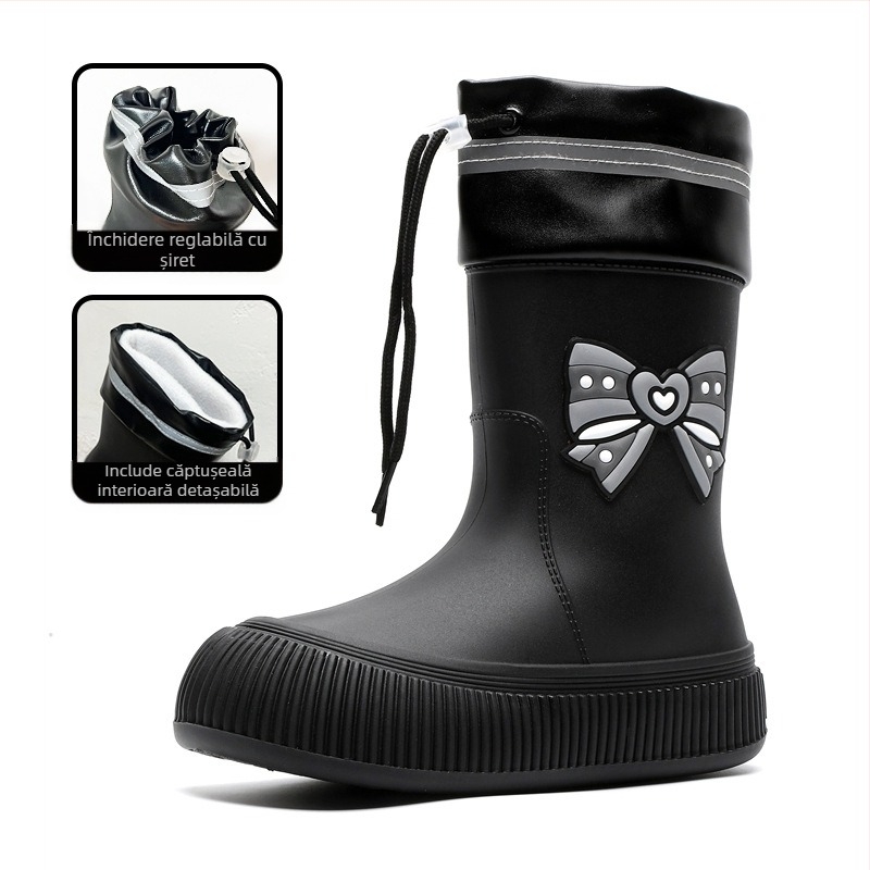 Cizme de ploaie cu fundă drăguță transfrontalieră pentru femei, îmbrăcăminte exterioară la modă, pantofi impermeabili cu tub mediu, cizme de ploaie frumoase, pantofi de cauciuc antiderapanți