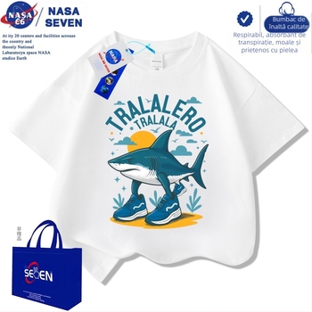 Tricou Nasa Shanhaijing pentru copii, cu mânecă scurtă, model Tungtungsahur, model Shark, din bumbac pur, mărimi medii și mari, model la modă