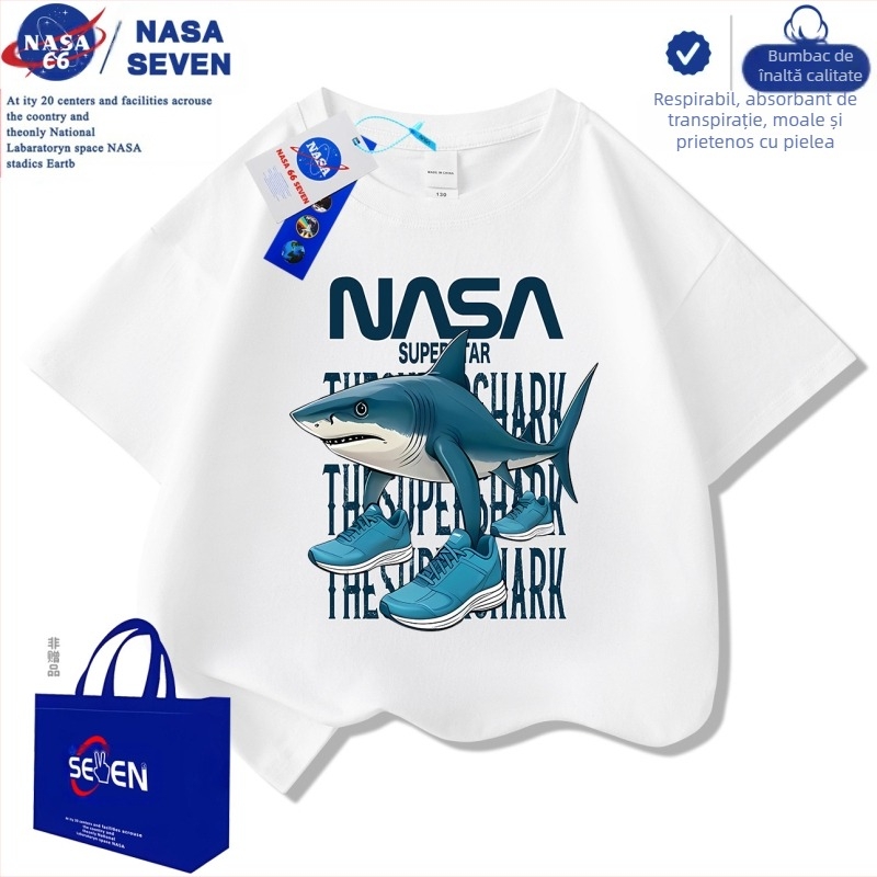 Tricou Nasa Shanhaijing pentru copii, cu mânecă scurtă, model Tungtungsahur, model Shark, din bumbac pur, mărimi medii și mari, model la modă