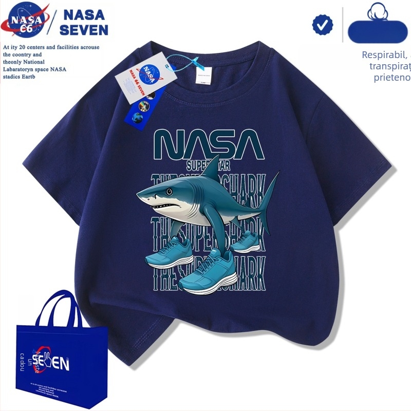 Tricou Nasa Shanhaijing pentru copii, cu mânecă scurtă, model Tungtungsahur, model Shark, din bumbac pur, mărimi medii și mari, model la modă