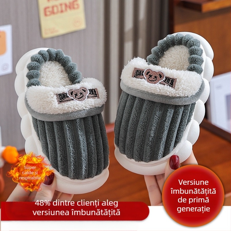 Papuci de casă pentru copii, din bumbac, cu fund moale, antiderapanți, pentru părinți și copii, pentru adulți și cupluri, pentru bebeluși, căptușiți cu fleece îngroșat, pentru băieți și fete