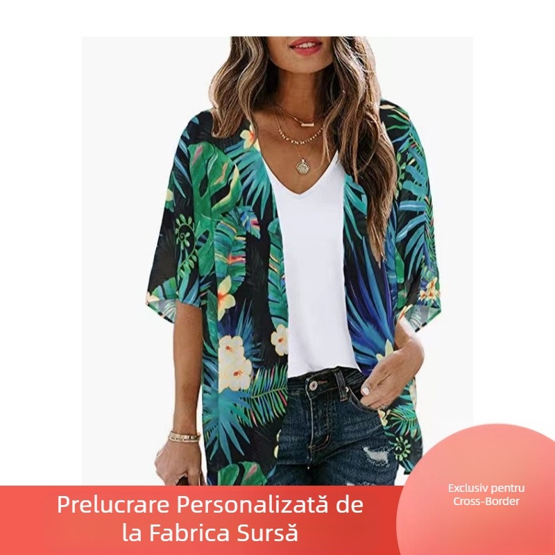 2023 Amazon Europa și America Comerț exterior transfrontalier Cardigan de vacanță din șifon nou, imprimat, bluză de plajă cu protecție solară