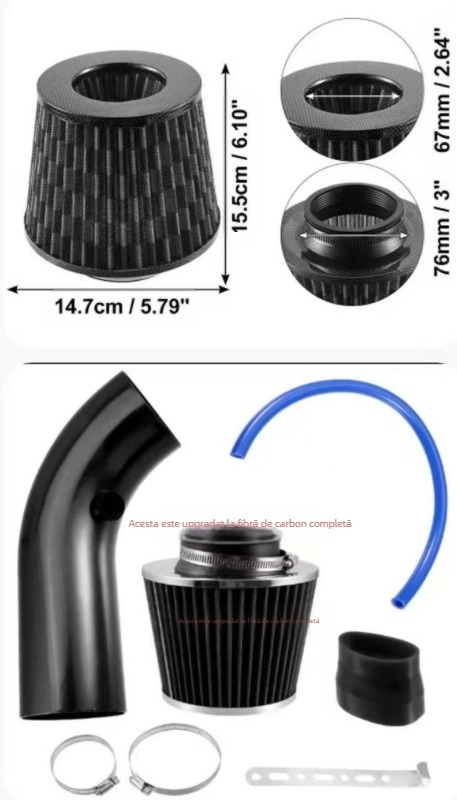 Set de tuburi de admisie aer rece pentru mașini transfrontaliere, cu cap de ciupercă de 76 mm/3 inch, modificate din aluminiu