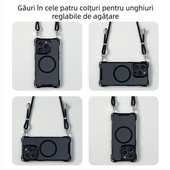 Husă de telefon potrivită pentru Apple 17 Pro Max cu curea crossbody, cu ventoasă magnetică pentru iPhone 16, acoperire completă pentru 14 Plus, protecție anti-cădere pentru 13, 12