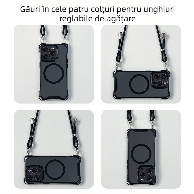 Husă de telefon potrivită pentru Apple 17 Pro Max cu curea crossbody, cu ventoasă magnetică pentru iPhone 16, acoperire completă pentru 14 Plus, protecție anti-cădere pentru 13, 12