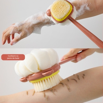 Perie de frecat cu mâner lung, perie de baie cu păr moale și față dublă, perie de baie din silicon, curățare corporală, perie de baie pentru frecarea spatelui, perie de artefacte, en-gros