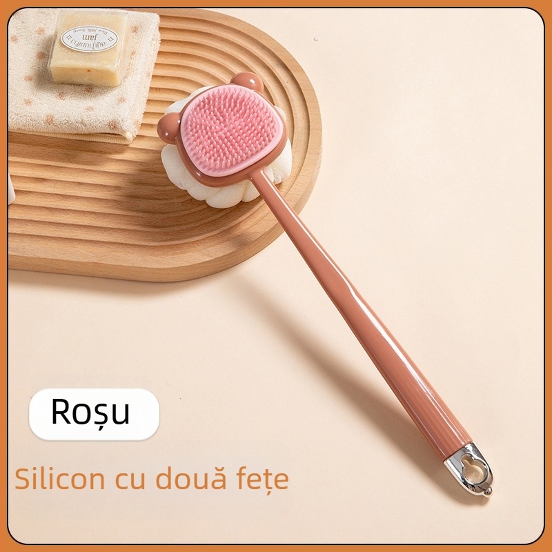 Perie de frecat cu mâner lung, perie de baie cu păr moale și față dublă, perie de baie din silicon, curățare corporală, perie de baie pentru frecarea spatelui, perie de artefacte, en-gros