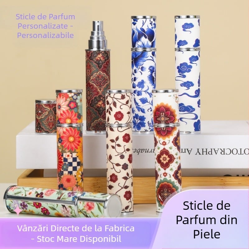 În stoc, sticlă de parfum din piele de miel de 10 ml, model vintage, imprimată, sticlă de pulverizare portabilă de călătorie de înaltă calitate
