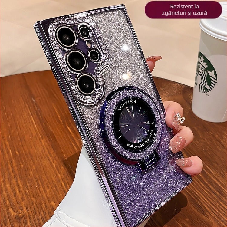 Potrivit pentru Samsung S25 Husă de protecție S22 Husă de telefon mobil cu burghiu cu margine S24 Suport magnetic transparent cu stras A56 Pudră sclipitoare anti-cădere