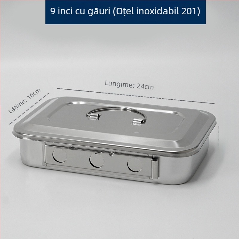 Cutie de dezinfectare din oțel inoxidabil 304 îngroșat cu capac și găuri, placă pătrată pentru dezinfecție chirurgicală, placă pentru instrumente chirurgicale