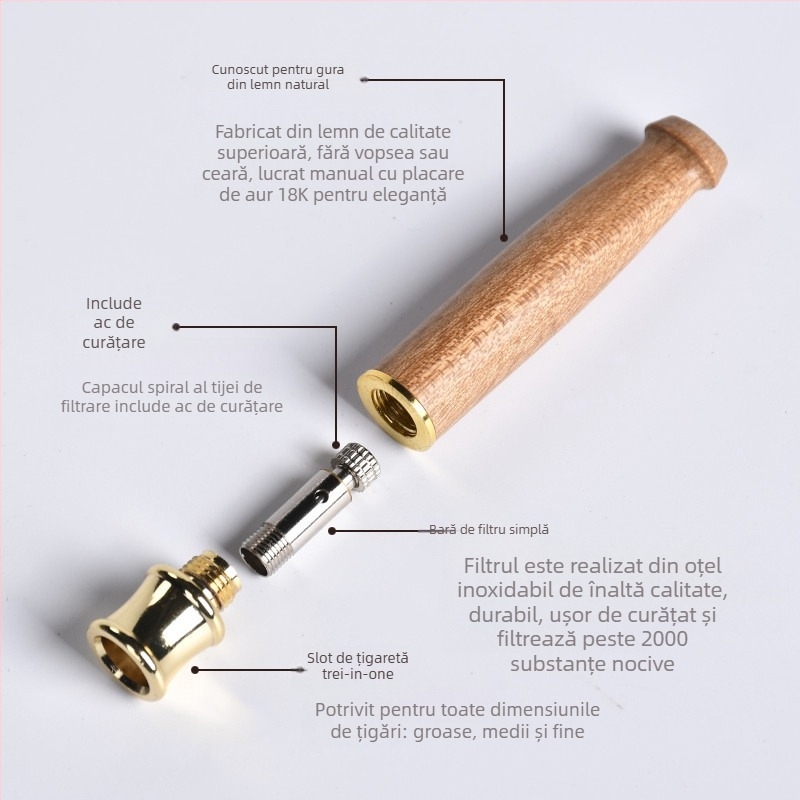 Suport pentru țigări cu filtru din lemn masiv Jinsinan, filtru grosier, mediu și fin, tip de circulație cu trei utilizări, lavabil