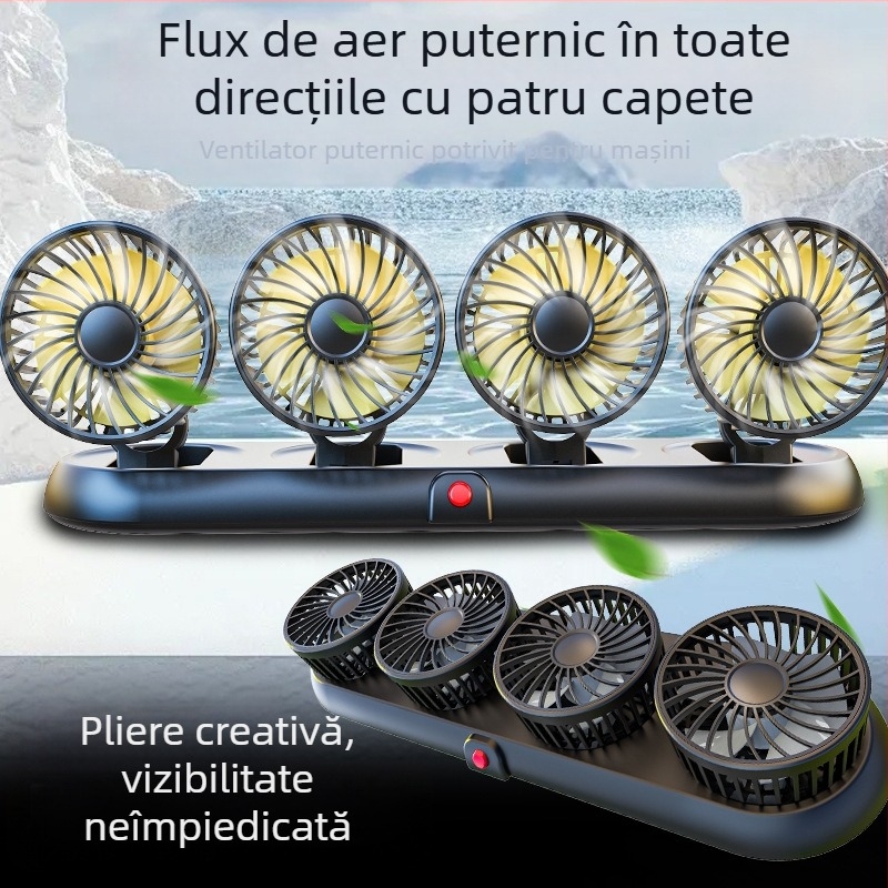 Ventilator auto nou cu patru capete, ventilator electric pentru mașină, ventilator rotativ la 360 de grade, pliabil, puternic, pentru refrigerare, mini camion, ventilator mic
