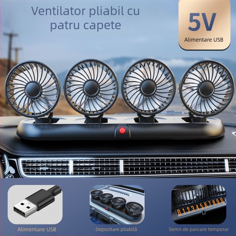 Ventilator auto nou cu patru capete, ventilator electric pentru mașină, ventilator rotativ la 360 de grade, pliabil, puternic, pentru refrigerare, mini camion, ventilator mic