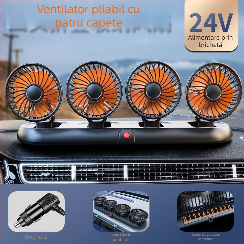 Ventilator auto nou cu patru capete, ventilator electric pentru mașină, ventilator rotativ la 360 de grade, pliabil, puternic, pentru refrigerare, mini camion, ventilator mic