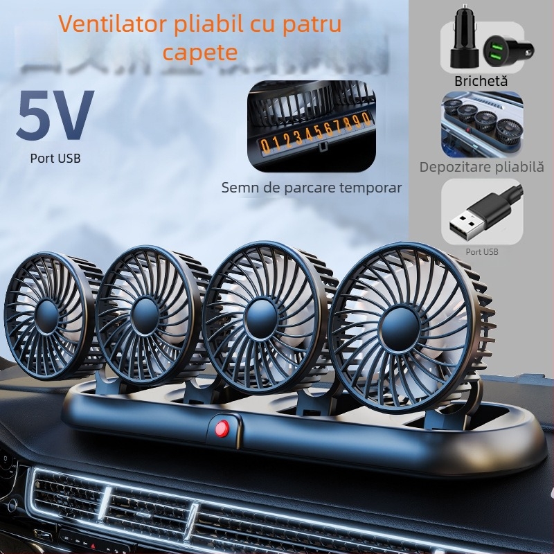 Ventilator auto nou cu patru capete, ventilator electric pentru mașină, ventilator rotativ la 360 de grade, pliabil, puternic, pentru refrigerare, mini camion, ventilator mic