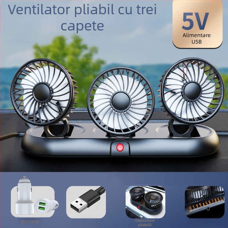 Ventilator auto nou cu patru capete, ventilator electric pentru mașină, ventilator rotativ la 360 de grade, pliabil, puternic, pentru refrigerare, mini camion, ventilator mic