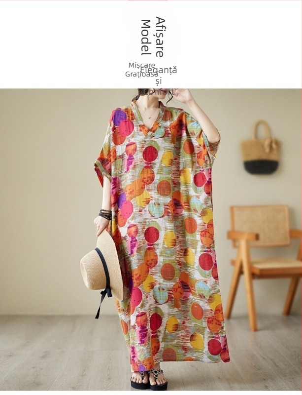 Rochie de vară nouă, stil literar, mărime mare, stil de vacanță, cu guler în V, cu mânecă scurtă, pentru femei, fustă lungă de plajă