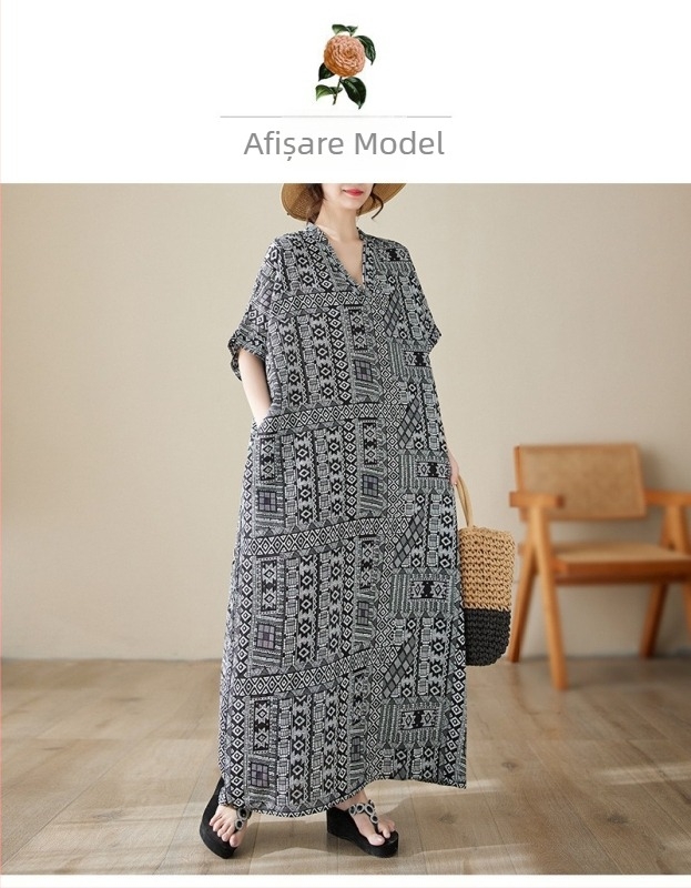 Rochie de vară nouă, stil literar, mărime mare, stil de vacanță, cu guler în V, cu mânecă scurtă, pentru femei, fustă lungă de plajă