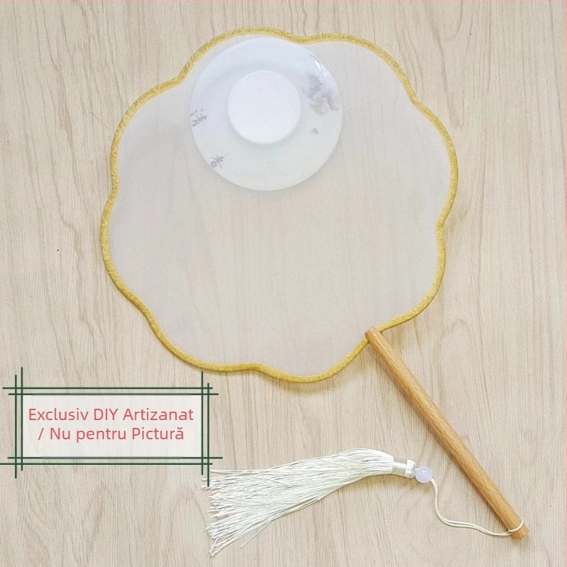 Evantai rotund tradițional cu aplicație de broderie DIY, evantai de flori manual, nervuri de evantai, suprafață de evantai semitransparentă, asemănătoare mătăsii, cadou de afaceri