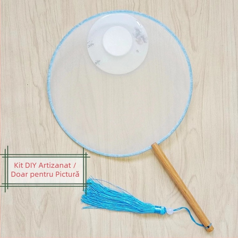 Evantai rotund tradițional cu aplicație de broderie DIY, evantai de flori manual, nervuri de evantai, suprafață de evantai semitransparentă, asemănătoare mătăsii, cadou de afaceri