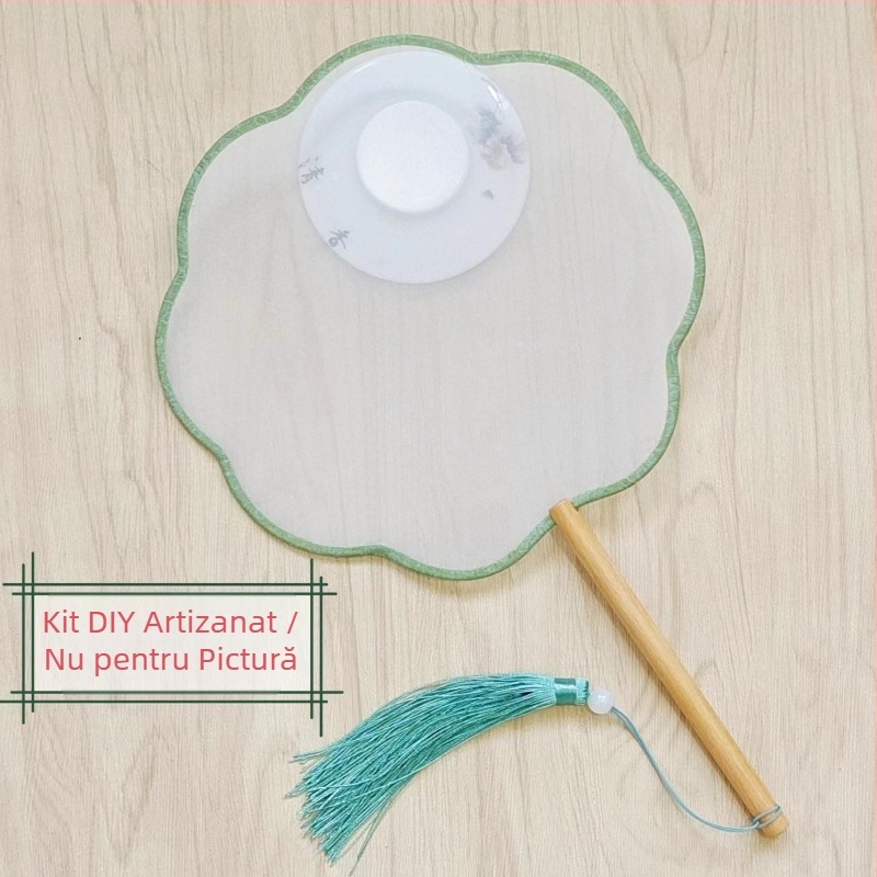 Evantai rotund tradițional cu aplicație de broderie DIY, evantai de flori manual, nervuri de evantai, suprafață de evantai semitransparentă, asemănătoare mătăsii, cadou de afaceri