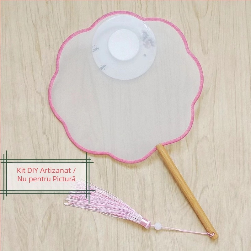 Evantai rotund tradițional cu aplicație de broderie DIY, evantai de flori manual, nervuri de evantai, suprafață de evantai semitransparentă, asemănătoare mătăsii, cadou de afaceri