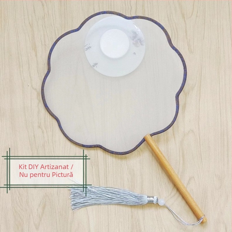 Evantai rotund tradițional cu aplicație de broderie DIY, evantai de flori manual, nervuri de evantai, suprafață de evantai semitransparentă, asemănătoare mătăsii, cadou de afaceri