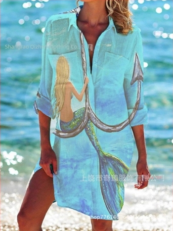 Comerț exterior transfrontalier 2025 Primăvara și vara Noua stație independentă Amazon, cea mai bine vândută cămașă cu mânecă lungă și rever, în stil stațiune de pe litoral