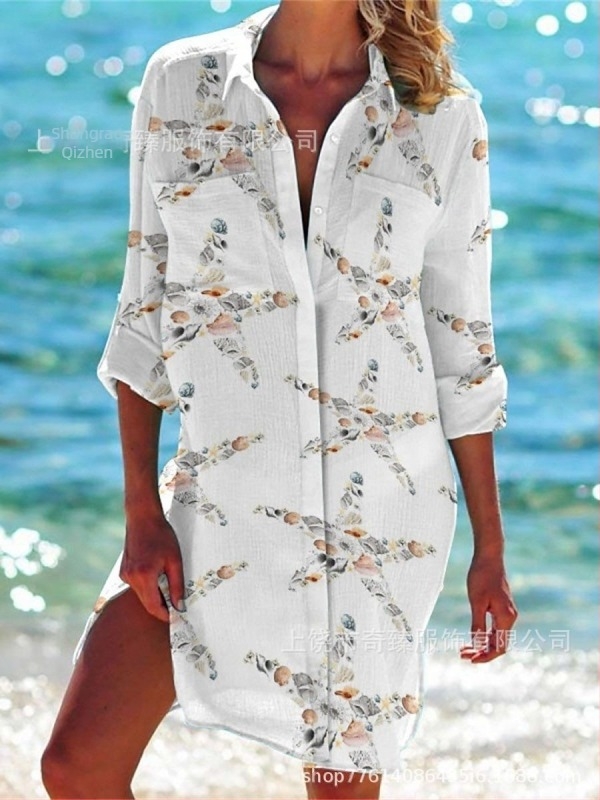 Comerț exterior transfrontalier 2025 Primăvara și vara Noua stație independentă Amazon, cea mai bine vândută cămașă cu mânecă lungă și rever, în stil stațiune de pe litoral
