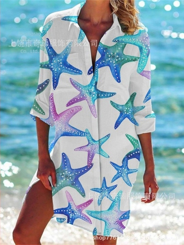 Comerț exterior transfrontalier 2025 Primăvara și vara Noua stație independentă Amazon, cea mai bine vândută cămașă cu mânecă lungă și rever, în stil stațiune de pe litoral