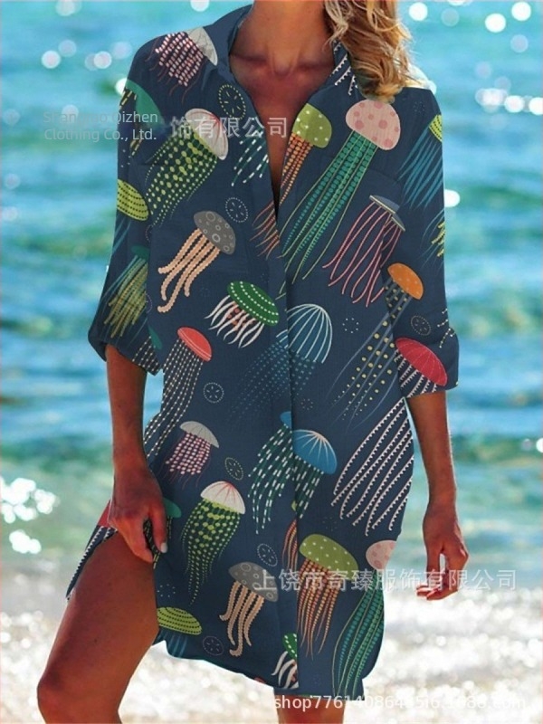 Comerț exterior transfrontalier 2025 Primăvara și vara Noua stație independentă Amazon, cea mai bine vândută cămașă cu mânecă lungă și rever, în stil stațiune de pe litoral