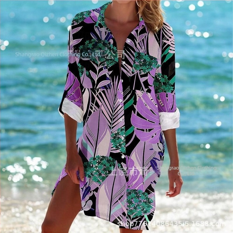 Comerț exterior transfrontalier 2025 Primăvara și vara Noua stație independentă Amazon, cea mai bine vândută cămașă cu mânecă lungă și rever, în stil stațiune de pe litoral