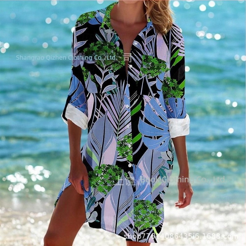 Comerț exterior transfrontalier 2025 Primăvara și vara Noua stație independentă Amazon, cea mai bine vândută cămașă cu mânecă lungă și rever, în stil stațiune de pe litoral