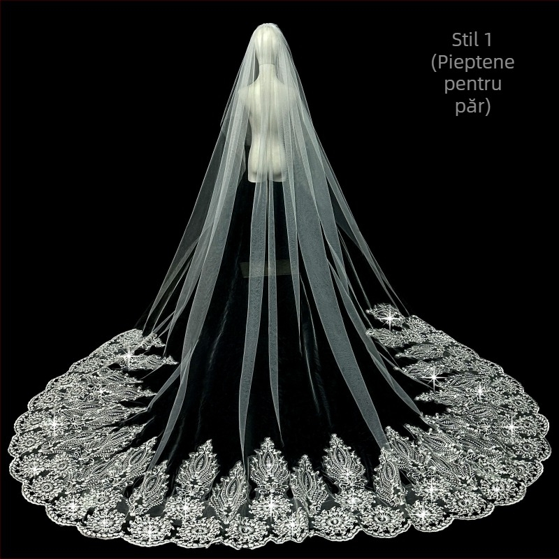 Voal de mireasă principal pentru rochie de mireasă, voal Super Immortal Mori, stil coreean, coadă lungă, dantelă, accesorii