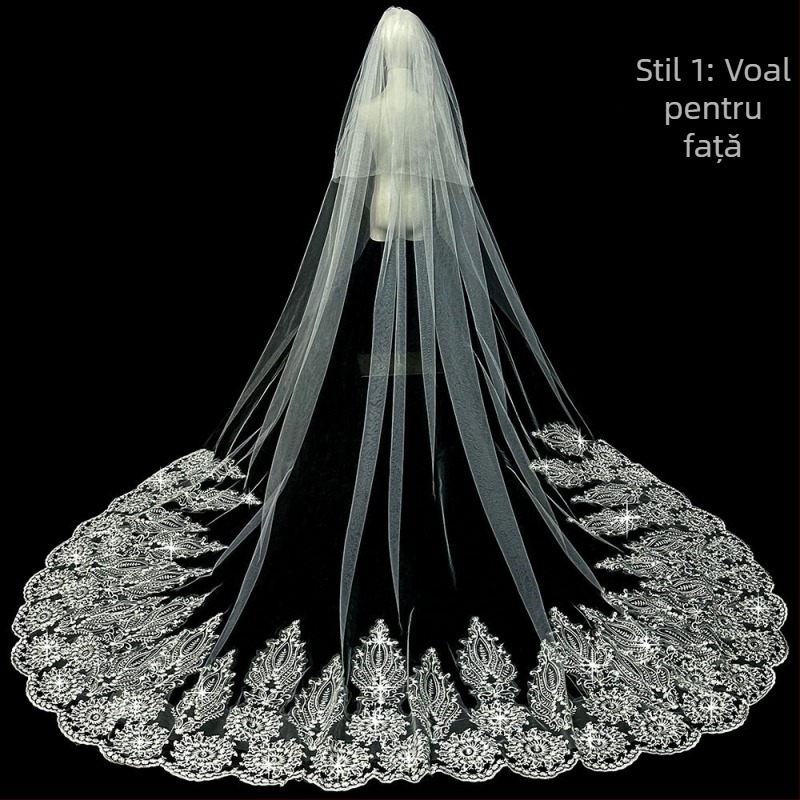 Voal de mireasă principal pentru rochie de mireasă, voal Super Immortal Mori, stil coreean, coadă lungă, dantelă, accesorii