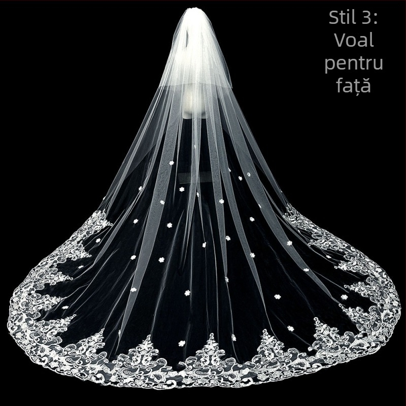 Voal de mireasă principal pentru rochie de mireasă, voal Super Immortal Mori, stil coreean, coadă lungă, dantelă, accesorii