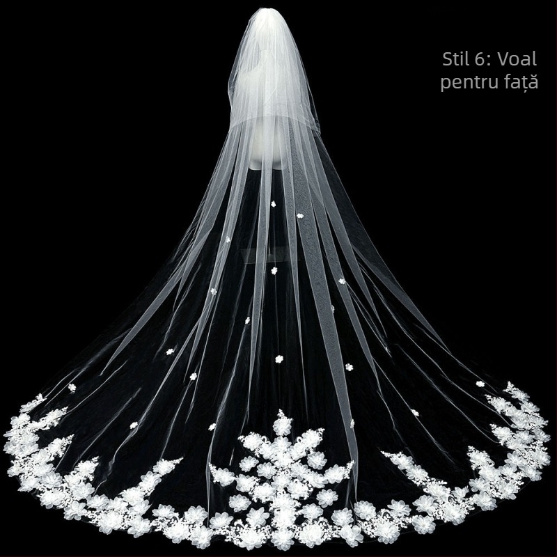 Voal de mireasă principal pentru rochie de mireasă, voal Super Immortal Mori, stil coreean, coadă lungă, dantelă, accesorii