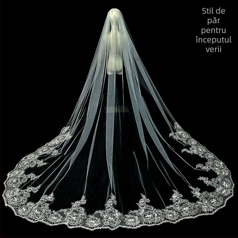Voal de mireasă principal pentru rochie de mireasă, voal Super Immortal Mori, stil coreean, coadă lungă, dantelă, accesorii