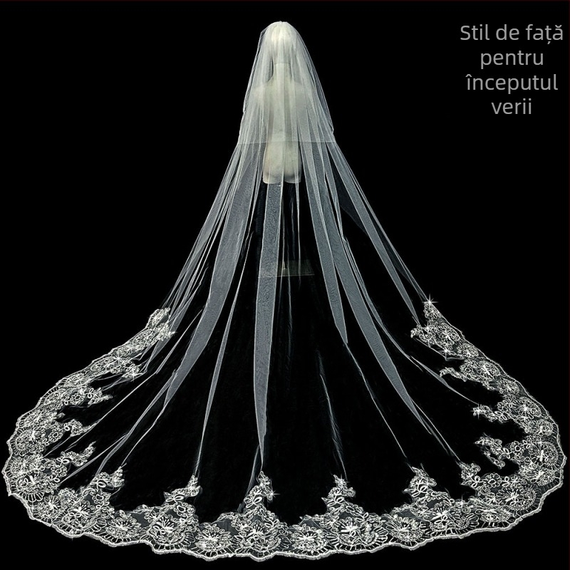 Voal de mireasă principal pentru rochie de mireasă, voal Super Immortal Mori, stil coreean, coadă lungă, dantelă, accesorii