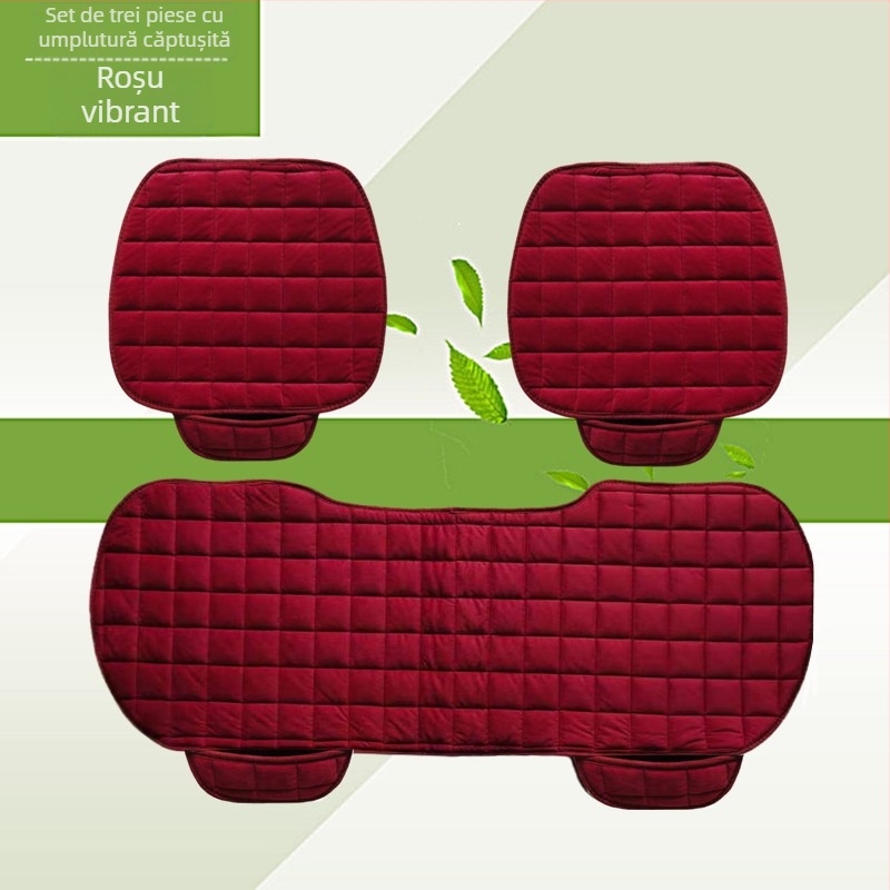 Pernă auto de iarnă, fără spătar, pătrată, brodată, din pluș, fără legături, călduroasă, din trei piese, pernă pentru scaunul individual din față și din spate