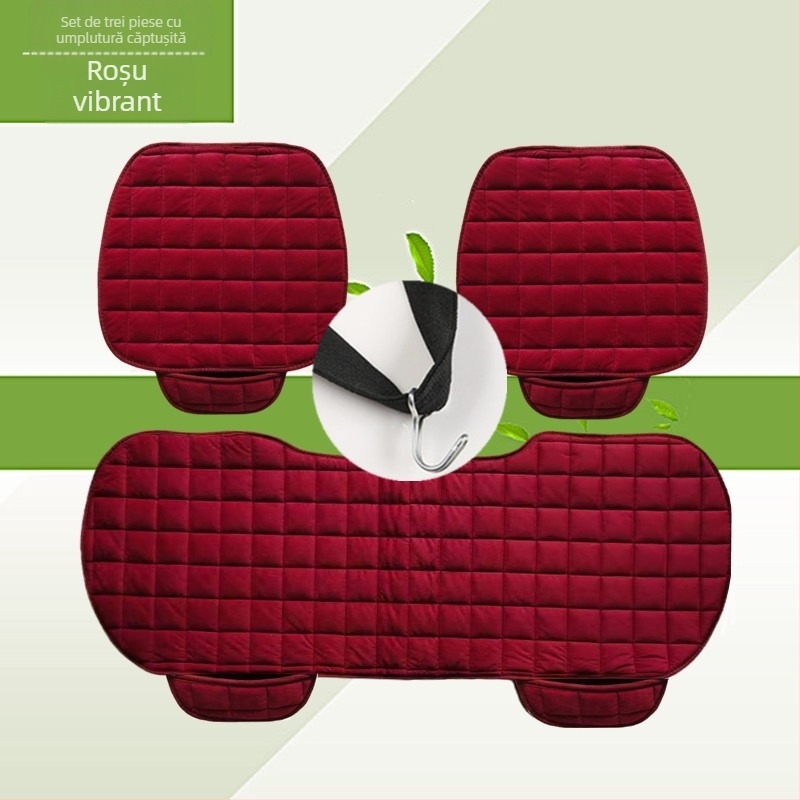 Pernă auto de iarnă, fără spătar, pătrată, brodată, din pluș, fără legături, călduroasă, din trei piese, pernă pentru scaunul individual din față și din spate